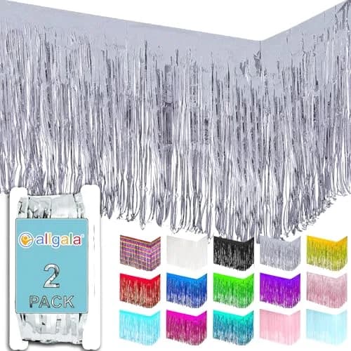 Allgala Silver Tinsel Table Skirt 2-Pack 29x108 Inch | Metallic Foil Fringe for Parties thumbnail 1