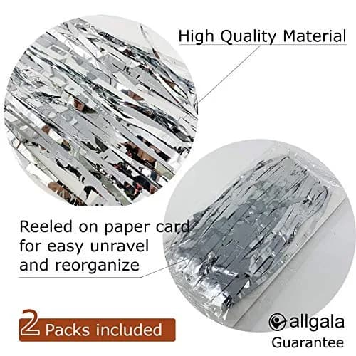Allgala Silver Tinsel Table Skirt 2-Pack 29x108 Inch | Metallic Foil Fringe for Parties thumbnail 2