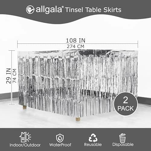 Allgala Silver Tinsel Table Skirt 2-Pack 29x108 Inch | Metallic Foil Fringe for Parties thumbnail 3