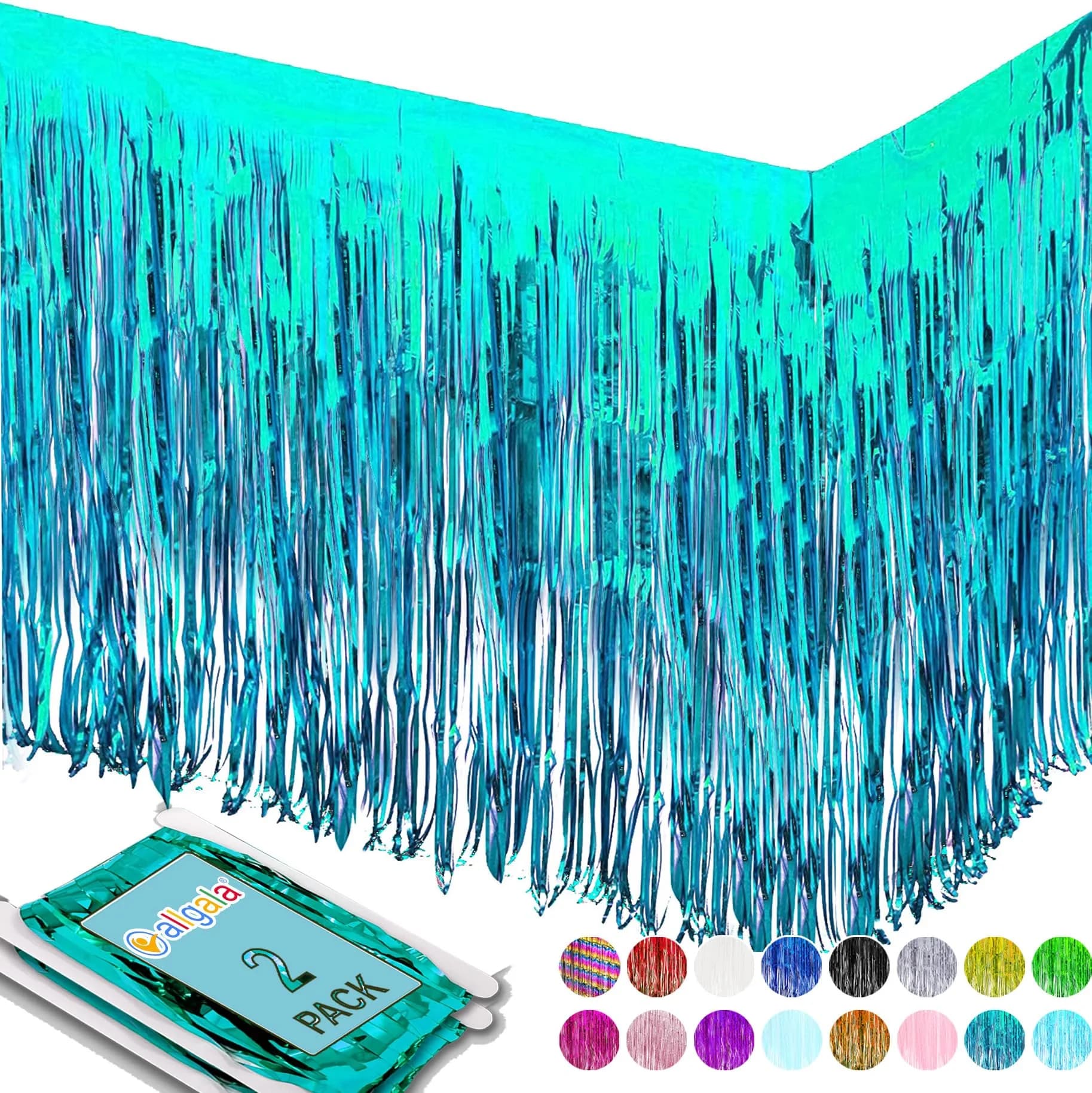Allgala Turquoise Metallic Foil Fringe Tinsel Table Skirt 2-Pack 216 Inch (18 Ft) Total Length | Party & Event Decor — Turquoise