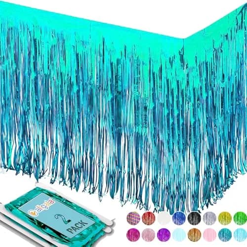 Allgala Turquoise Metallic Foil Fringe Tinsel Table Skirt 2-Pack 216 Inch (18 Ft) Total Length | Party & Event Decor thumbnail 1