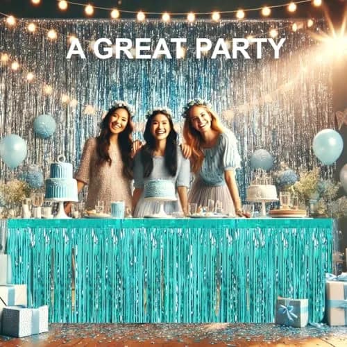 Allgala Turquoise Metallic Foil Fringe Tinsel Table Skirt 2-Pack 216 Inch (18 Ft) Total Length | Party & Event Decor thumbnail 4