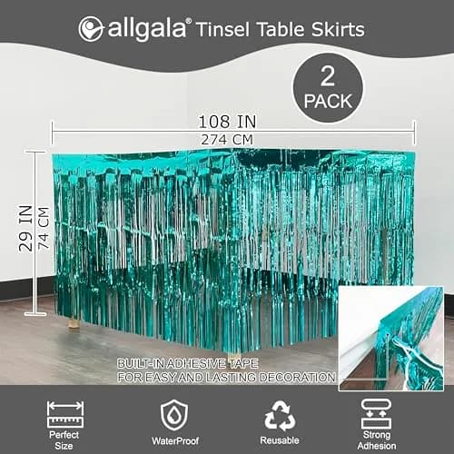 Allgala Turquoise Metallic Foil Fringe Tinsel Table Skirt 2-Pack 216 Inch (18 Ft) Total Length | Party & Event Decor thumbnail 2