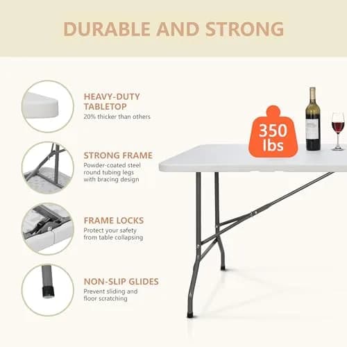 ZenStyle 6 ft Indoor Outdoor Heavy Duty Plastic Folding Table | Portable Picnic Table with Steel Legs, Fold-in-Half, White thumbnail 5