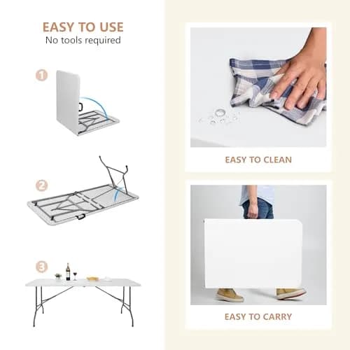 ZenStyle 6 ft Indoor Outdoor Heavy Duty Plastic Folding Table | Portable Picnic Table with Steel Legs, Fold-in-Half, White thumbnail 7