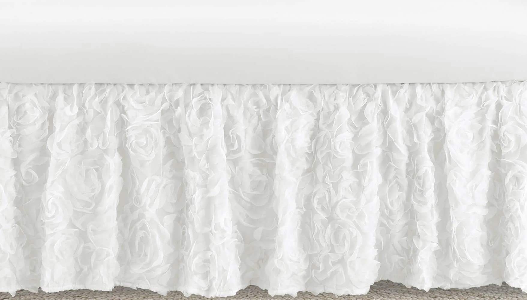 Sweet Jojo Designs White Floral Rose Crib Bed Skirt 38cm (15in) Drop | Elegant Princess Boho Shabby Chic Nursery Decor — White Rose