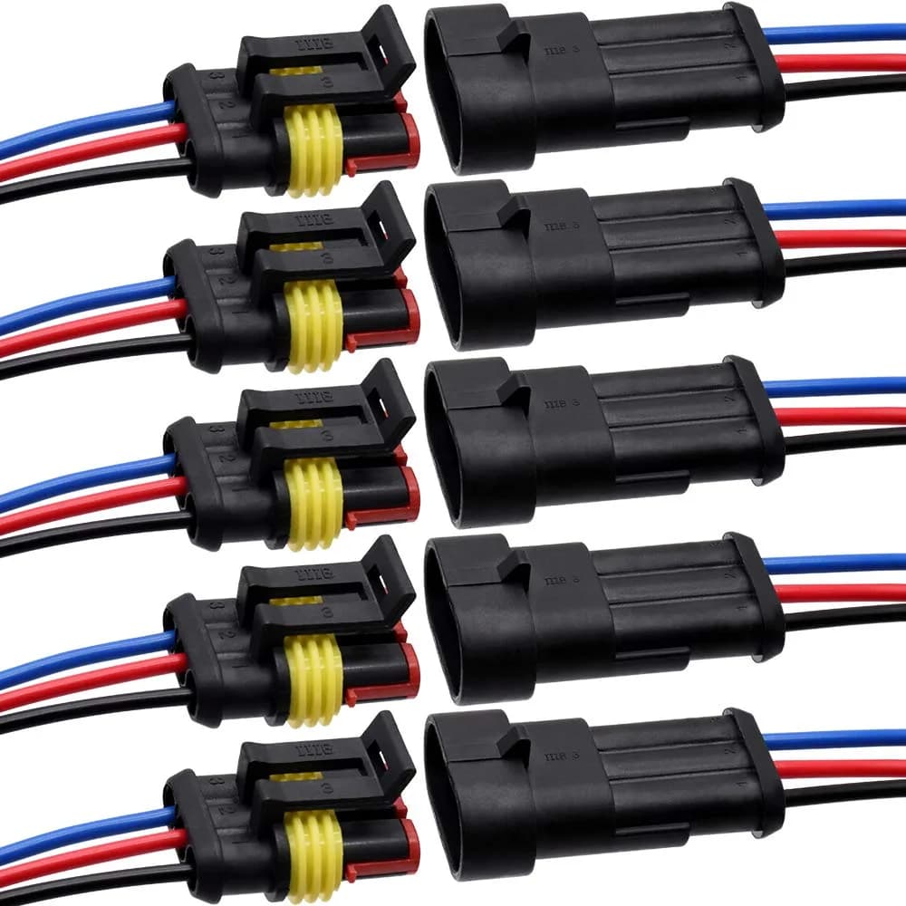 G 3 Pin Waterproof Connector 16AWG Electrical Male Female Wire Plugs (5 Sets, Black) | IP67 Rated for Automotive & Marine Wiring - main product image