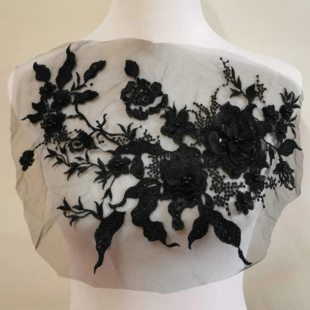 FEEPOP Black 3D Embroidered Flower Lace Applique Patch 35cm x 28cm for Wedding Dresses - main product image