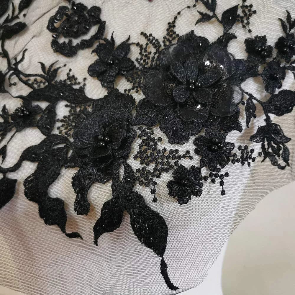 FEEPOP Black 3D Embroidered Flower Lace Applique Patch 35cm x 28cm for Wedding Dresses thumbnail 3