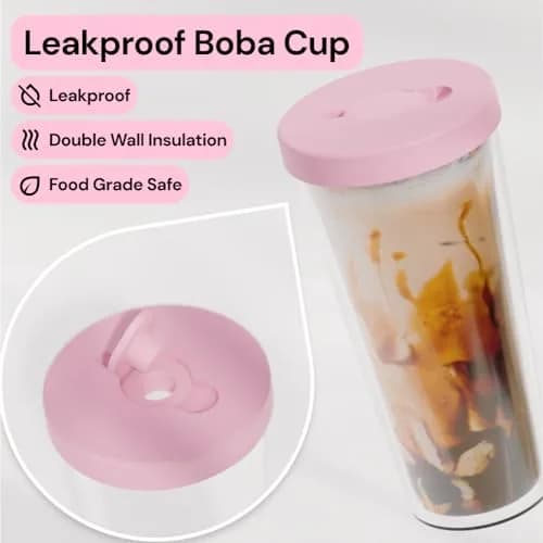 Dodoko Reusable Boba Cup and Straw 17 oz Bubble Pink | Insulated, Leakproof & Eco-Friendly (120 chars) thumbnail 2