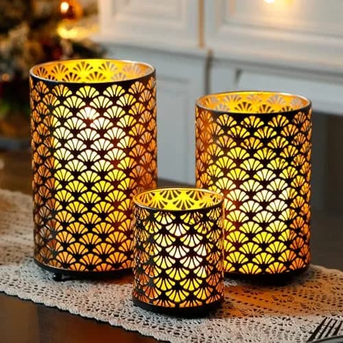 JHY DESIGN Set of 3 Metal Candle Holders Bronze Hurricane Pillar Candlestick Vintage Table Decor thumbnail 1