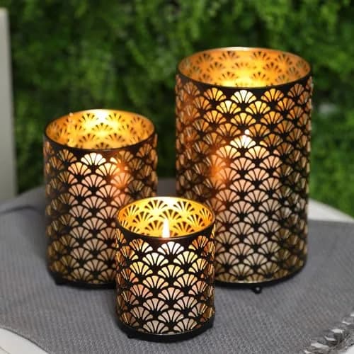 JHY DESIGN Set of 3 Metal Candle Holders Bronze Hurricane Pillar Candlestick Vintage Table Decor thumbnail 3