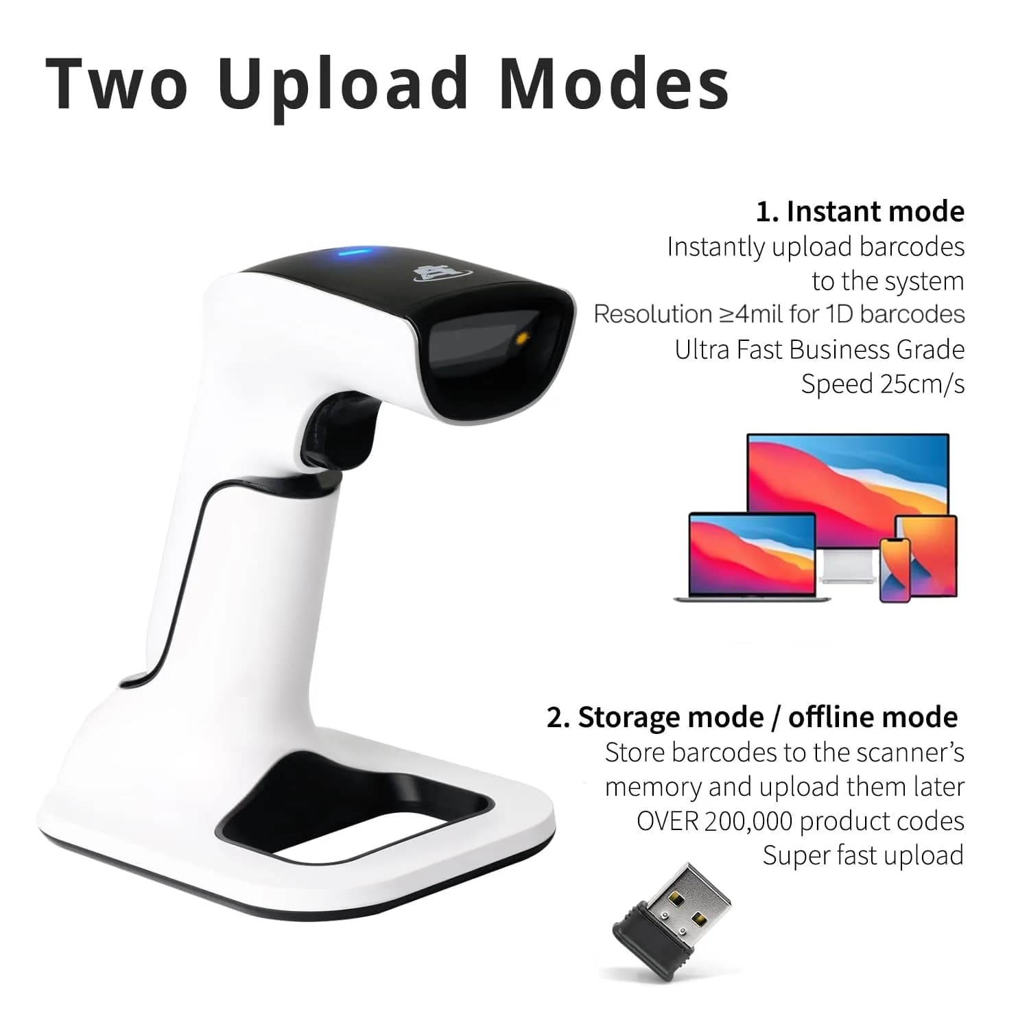 ScanAvenger Wireless Bluetooth USB Barcode Scanner with Stand: 1D & 2D QR Reader, Rechargeable Battery, Vibration Alert | 14.0 cm x 11.0 cm x 16.5 cm - view 4