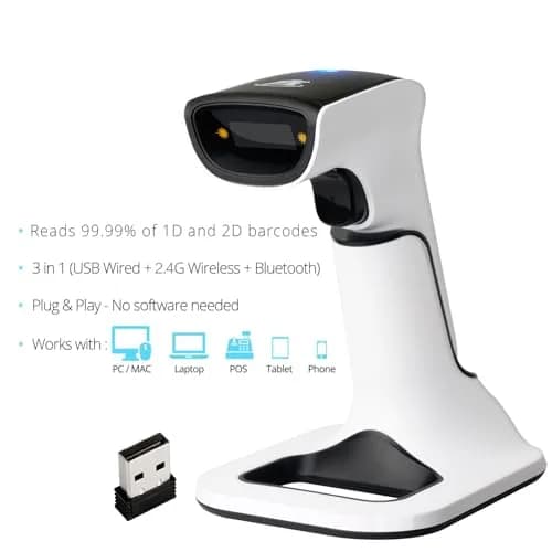 ScanAvenger Wireless Bluetooth USB Barcode Scanner with Stand: 1D & 2D QR Reader, Rechargeable Battery, Vibration Alert | 14.0 cm x 11.0 cm x 16.5 cm thumbnail 5