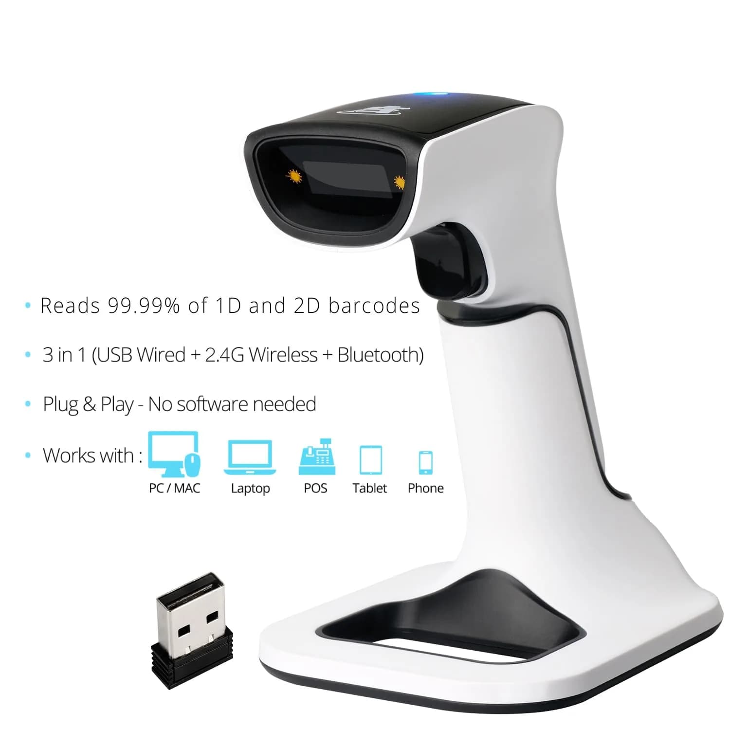 ScanAvenger Wireless Bluetooth USB Barcode Scanner with Stand: 1D & 2D QR Reader, Rechargeable Battery, Vibration Alert | 14.0 cm x 11.0 cm x 16.5 cm - view 5