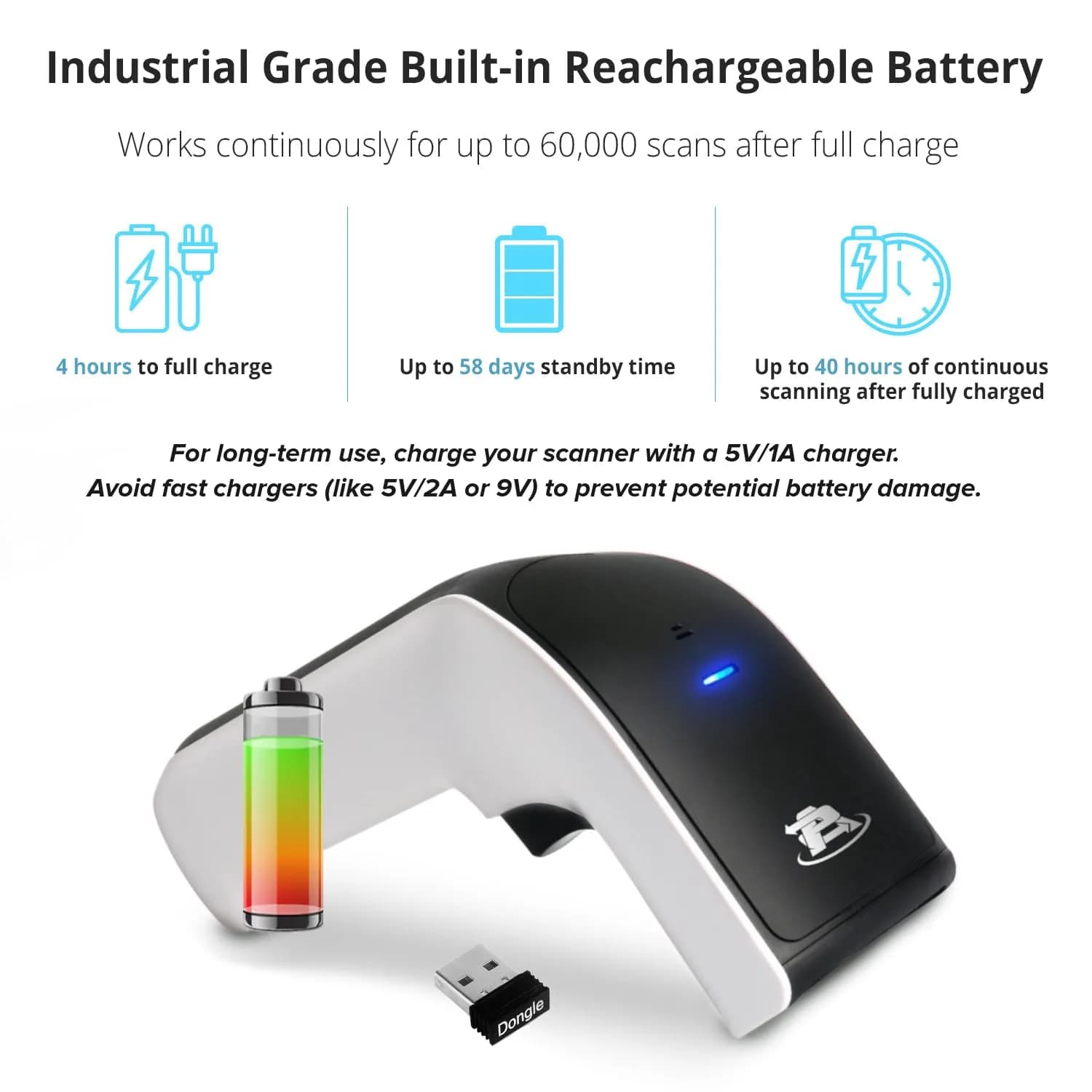 ScanAvenger Wireless Bluetooth USB Barcode Scanner with Stand: 1D & 2D QR Reader, Rechargeable Battery, Vibration Alert | 14.0 cm x 11.0 cm x 16.5 cm - view 8