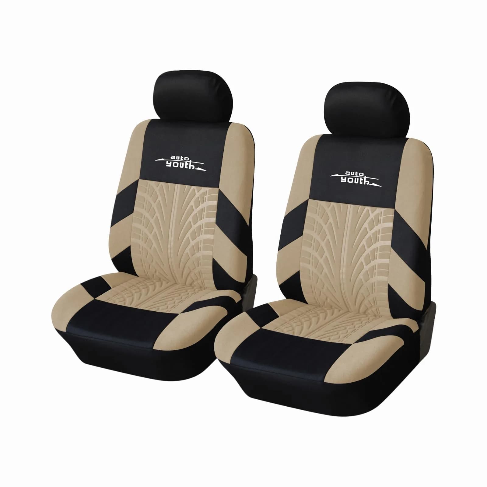 AUTOYOUTH Beige Seat Covers Front Seats Only, 3D Tyre Embossed Breathable Bucket Covers, Airbag Compatible, Quick Setup Universal Fit for Sedan, SUV, Truck, Van - main product image