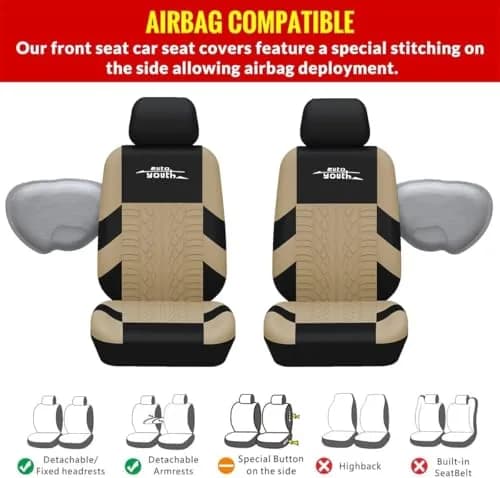 AUTOYOUTH Beige Seat Covers Front Seats Only, 3D Tyre Embossed Breathable Bucket Covers, Airbag Compatible, Quick Setup Universal Fit for Sedan, SUV, Truck, Van thumbnail 4