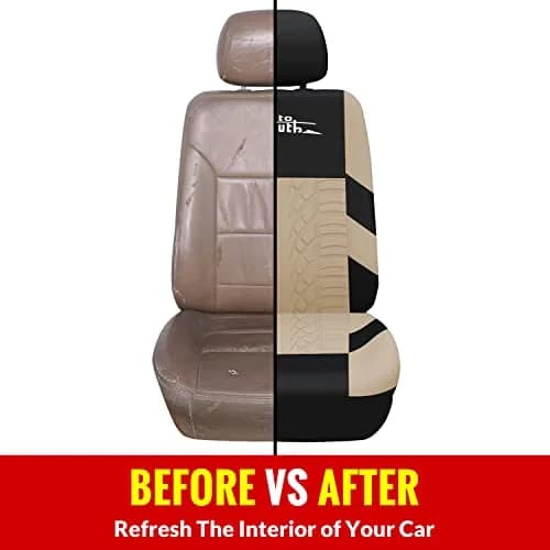 AUTOYOUTH Beige Seat Covers Front Seats Only, 3D Tyre Embossed Breathable Bucket Covers, Airbag Compatible, Quick Setup Universal Fit for Sedan, SUV, Truck, Van thumbnail 3
