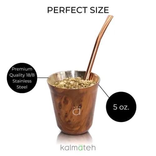 Kalmateh Petite Yerba Mate Gourd 150ml (5oz) with Bombilla Straw & Cleaning Brush | Insulated Stainless Steel for Hot or Cold Drinks thumbnail 6