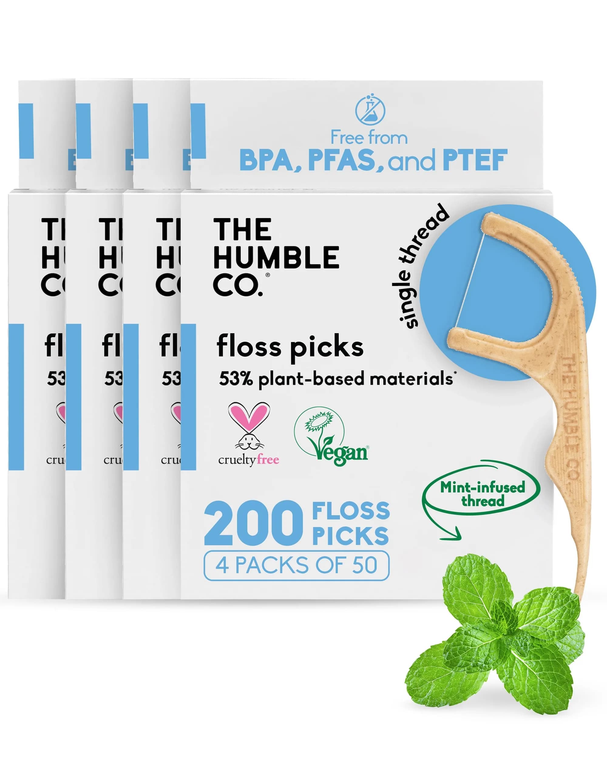 The Humble Co. Mint Dental Floss Picks Double Thread 200 Count | Dentist-Designed, Plant-Based Materials — Mint2 / Single Thread