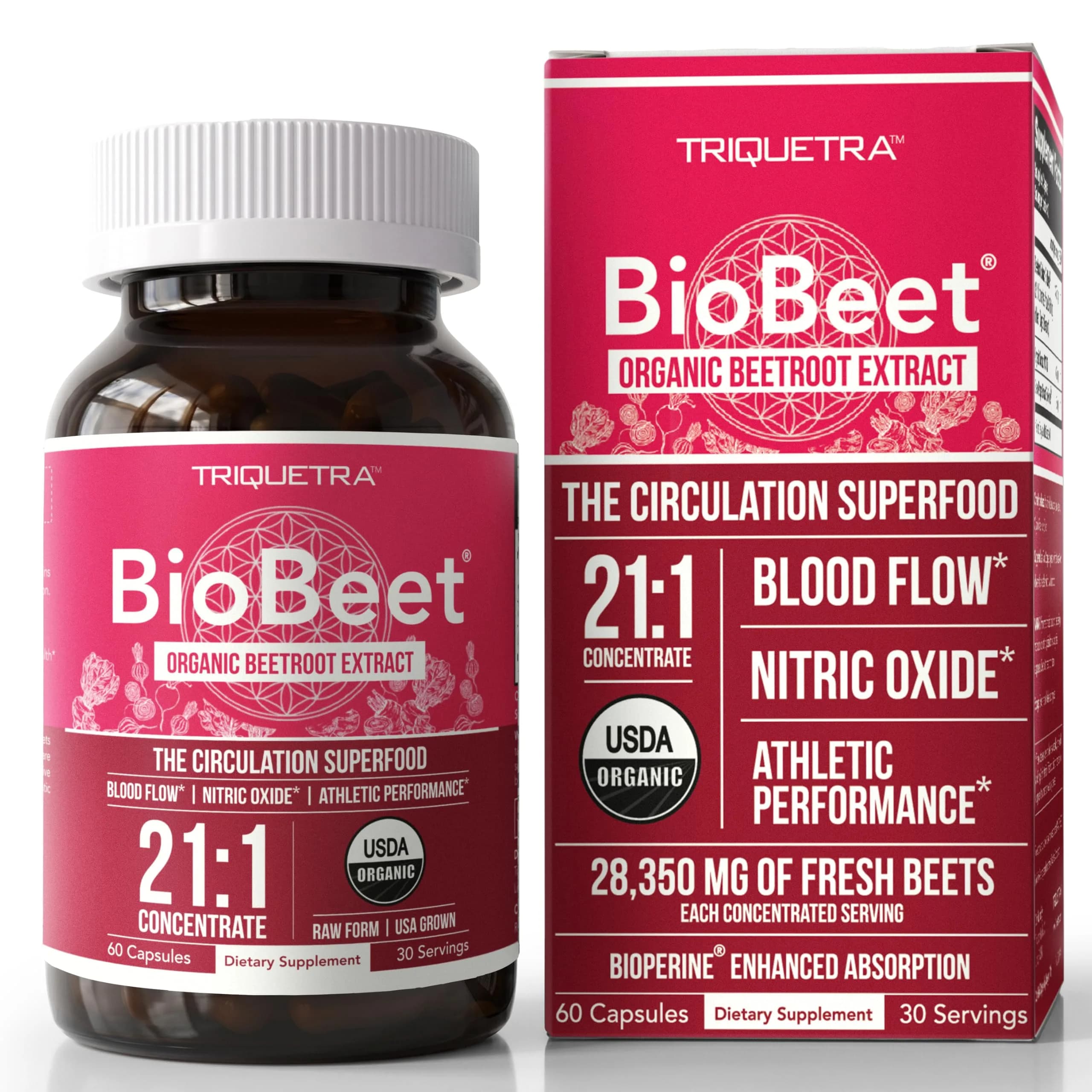Triquetra Health BioBeet Organic Beet Root Capsules + BioPerine, 21:1 Concentrate Supplement | Max Strength, Supports Blood Flow & Nitric Oxide, 28350mg Organic Beetroot, Vegan, 60 Capsules — Capsule