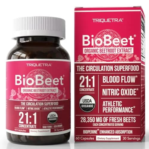 Triquetra Health BioBeet Organic Beet Root Capsules + BioPerine, 21:1 Concentrate Supplement | Max Strength, Supports Blood Flow & Nitric Oxide, 28350mg Organic Beetroot, Vegan, 60 Capsules thumbnail 1