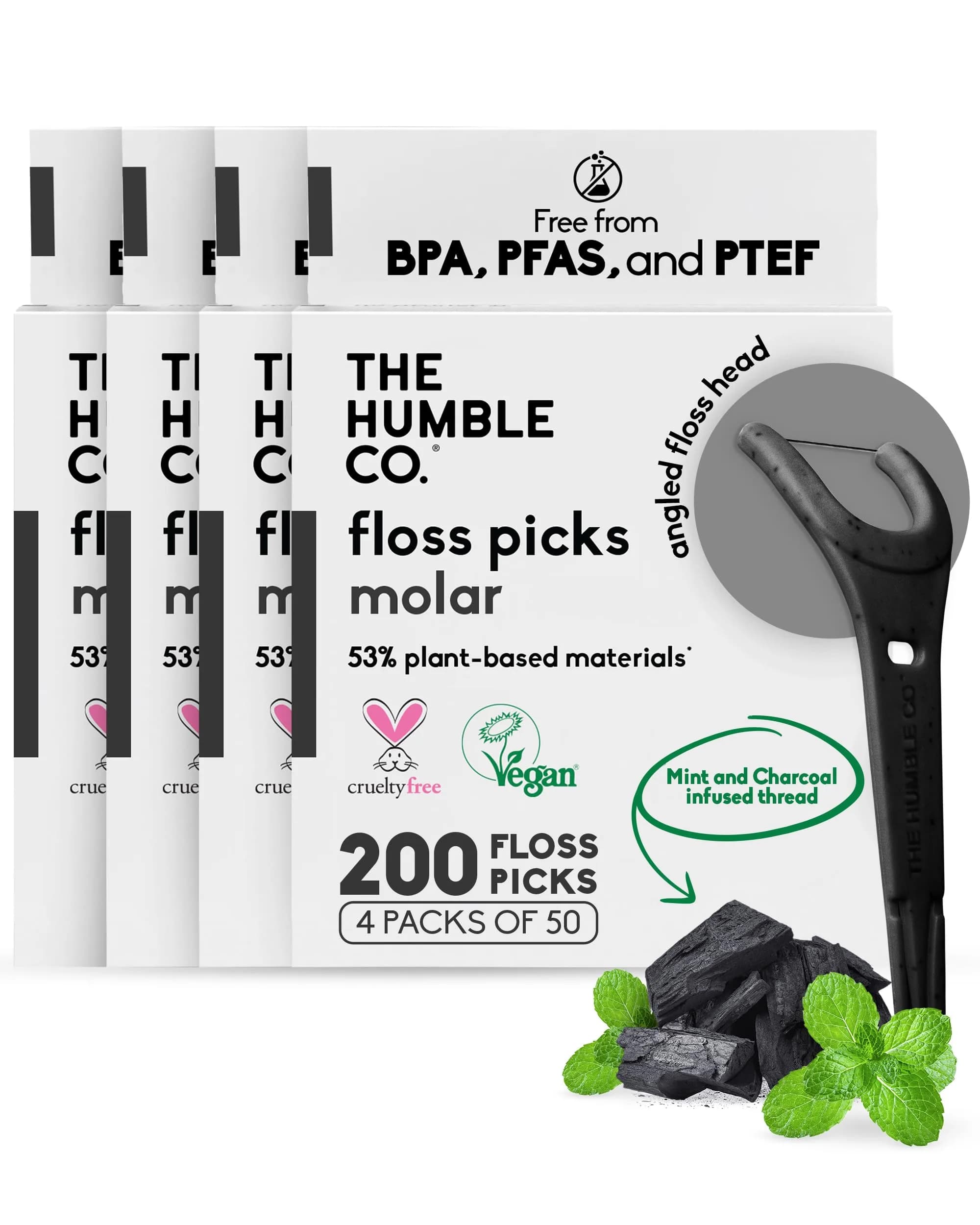 The Humble Co. Mint Dental Floss Picks Double Thread 200 Count | Dentist-Designed, Plant-Based Materials — Charcoal / Molar