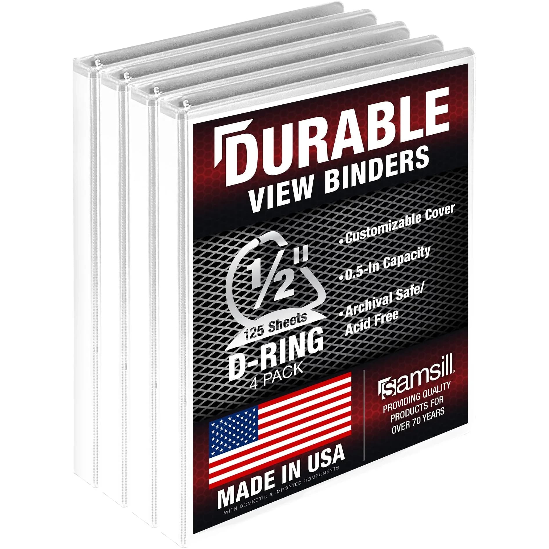 Samsill 0.5 Inch D-Ring Binder, White, 4 Pack | Holds 125 Pages, Recycled Chipboard, Clear View Cover - main product image
