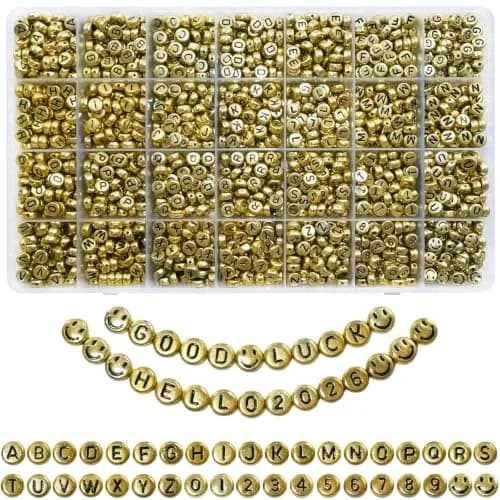 Looconi Gold Letter Beads 1400pcs 7x4mm Round Acrylic Alphabet & Number | Craft Beads for Jewelry Making thumbnail 1