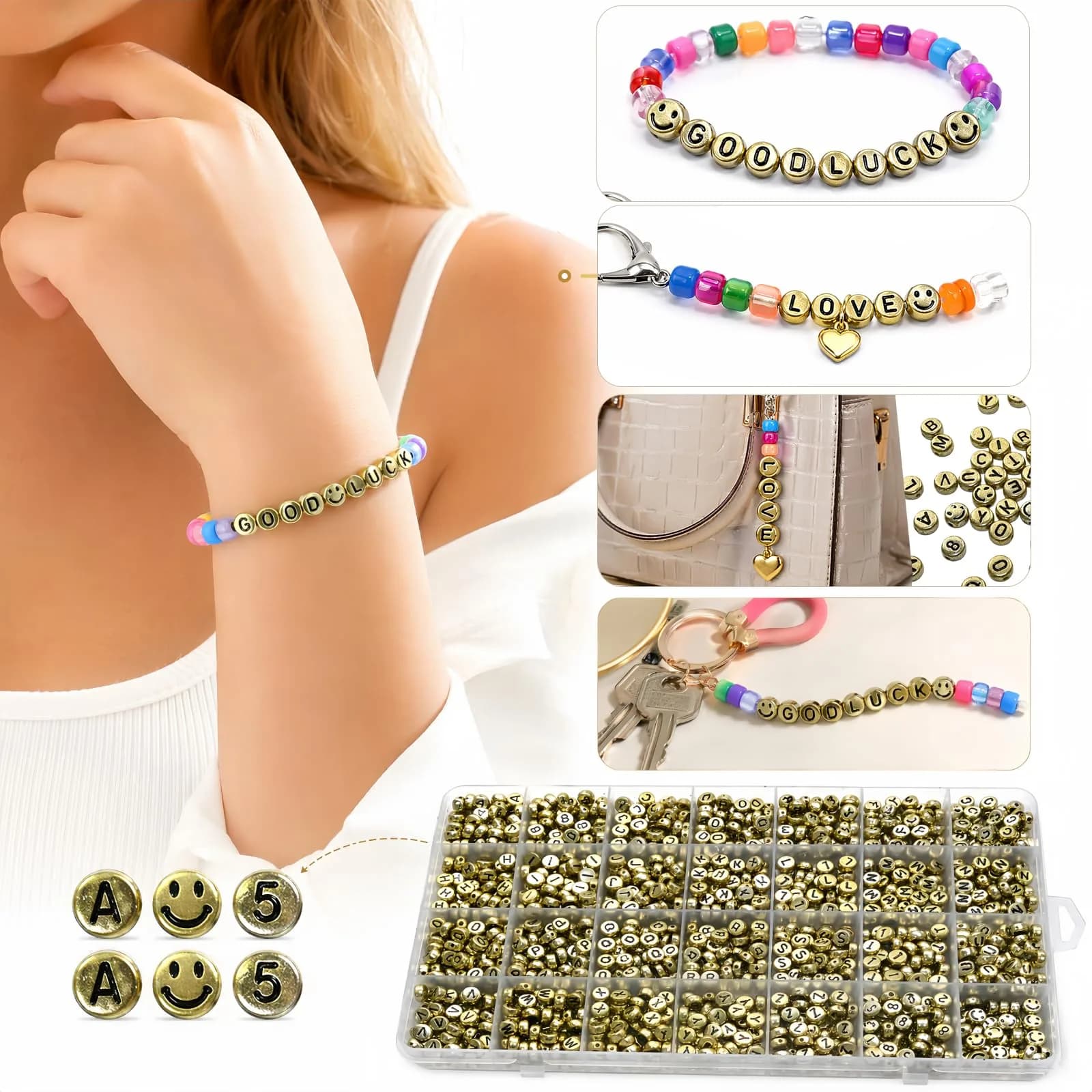 Looconi Gold Letter Beads 1400pcs 7x4mm Round Acrylic Alphabet & Number | Craft Beads for Jewelry Making thumbnail 4