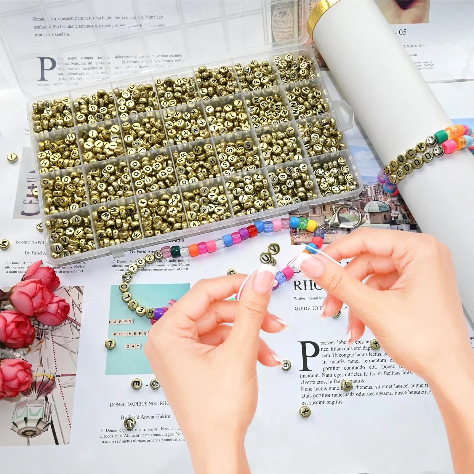 Looconi Gold Letter Beads 1400pcs 7x4mm Round Acrylic Alphabet & Number | Craft Beads for Jewelry Making thumbnail 3