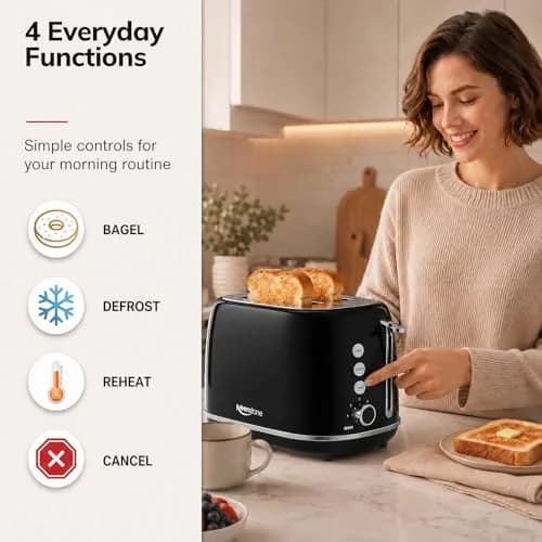 Keenstone Retro 2 Slice Toaster Black 20.3 cm (8 in) | Wide Slot Bagel Defrost Function thumbnail 4