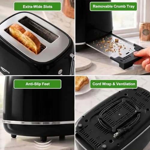 Keenstone Retro 2 Slice Toaster Black 20.3 cm (8 in) | Wide Slot Bagel Defrost Function thumbnail 6
