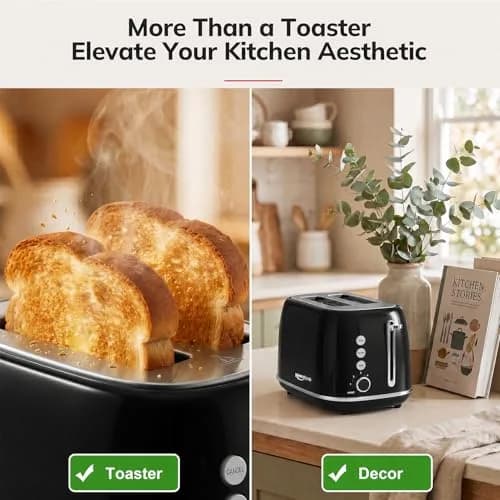 Keenstone Retro 2 Slice Toaster Black 20.3 cm (8 in) | Wide Slot Bagel Defrost Function thumbnail 2