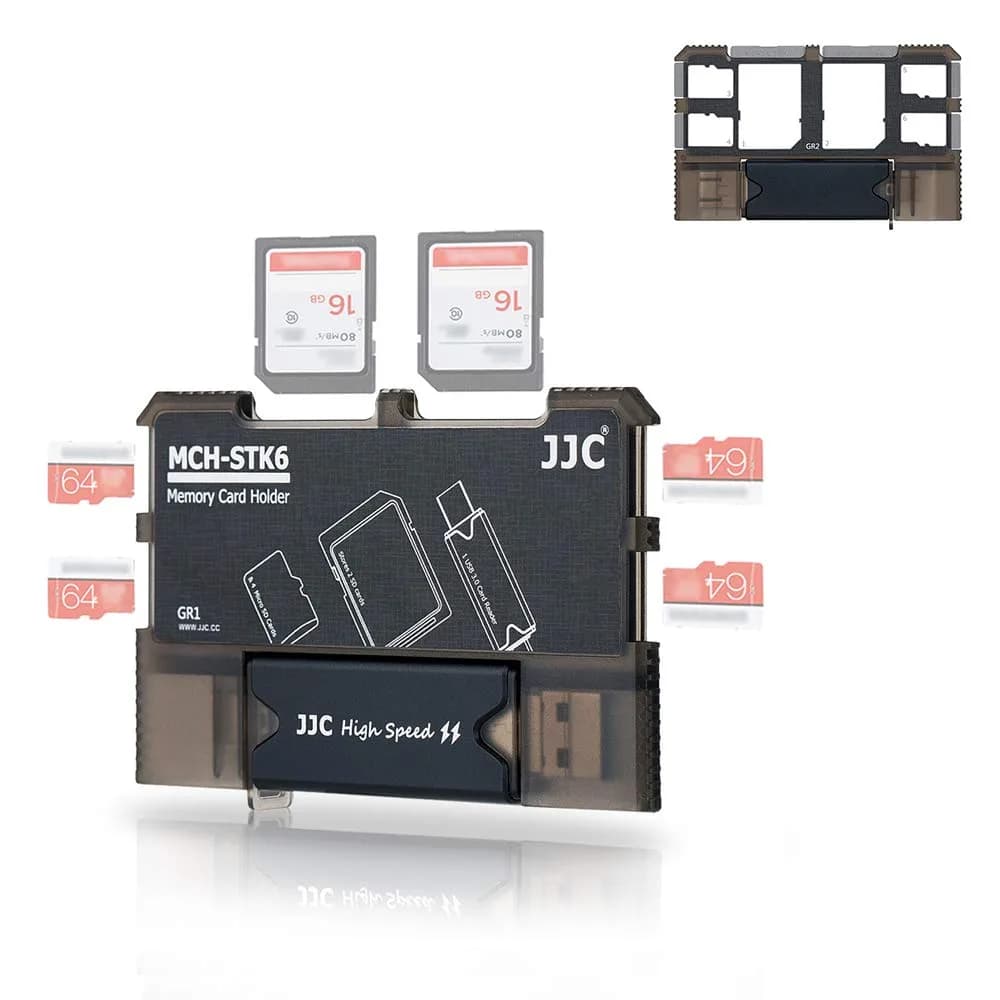 JJC 6-Slot SD Micro SD Card Case Organizer | Credit Card Size, Ultra-Thin, Lightweight — 6 Slots=4 Micro SD + 2 SD + Card Reader