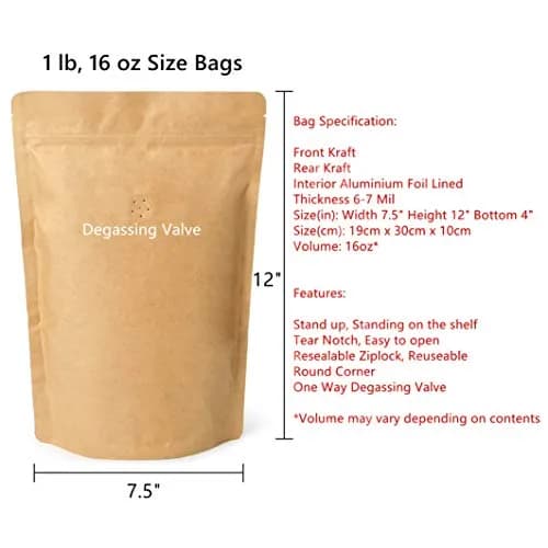 Merryseason Natural Kraft Paper Food Storage Bag 16 oz | High Barrier with Valve & Resealable Zipper (454-500 g, Pack of 100) thumbnail 2