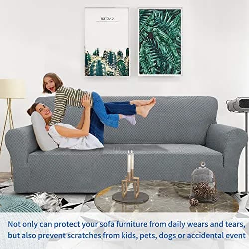 ZNSAYOTX 1 Piece Jacquard Couch Cover for 3 Cushion Sofa | High Stretch Furniture Protector Light Grey thumbnail 2