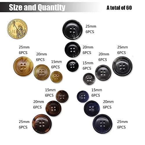 Renashed Faux Buffalo Horn Resin Buttons 15mm, 20mm, 25mm | 90-Piece Set for Suits & Coats thumbnail 3