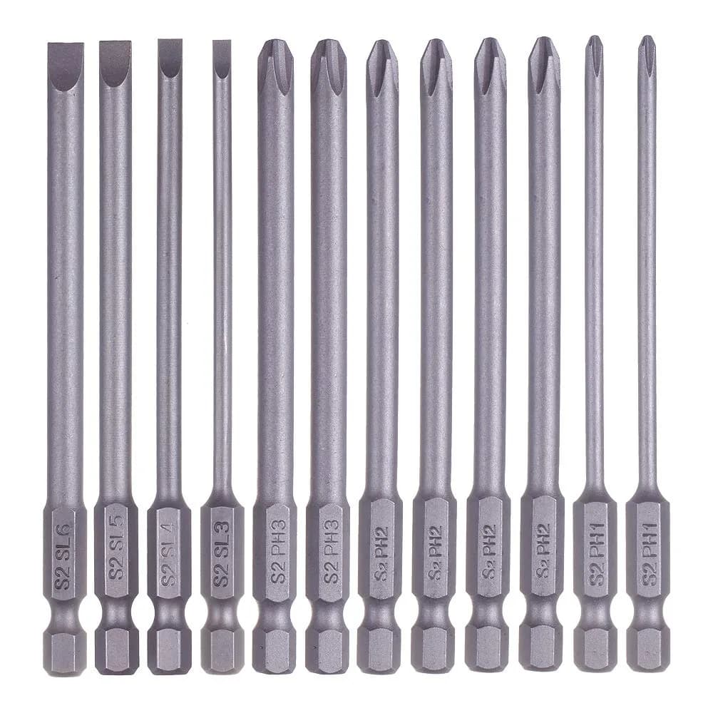 Rocaris 12 Pack 100mm (3.93") Hex Shank Magnetic Screwdriver Bits Set | S2 Steel, Slotted & Cross Head - main product image