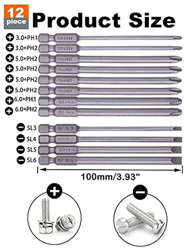 Rocaris 12 Pack 100mm (3.93") Hex Shank Magnetic Screwdriver Bits Set | S2 Steel, Slotted & Cross Head thumbnail 2