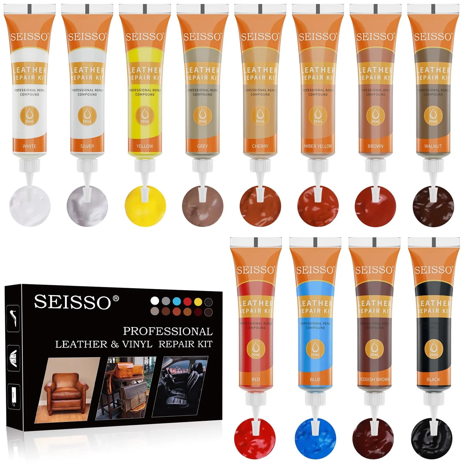 SEISSO 12 Colors Leather Repair Kit | Heavy Duty Vinyl, for Furniture Car Seats Couches Sofa Shoes Boat, Purses Jacket Leather Paint - main product image