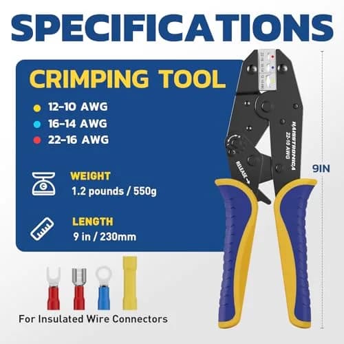 haisstronica Ratchet Crimping Tool for Insulated Terminals, AWG 22-10, 230mm (9 inch) | Professional Wire Crimper with Adjustable Star Wheel thumbnail 2