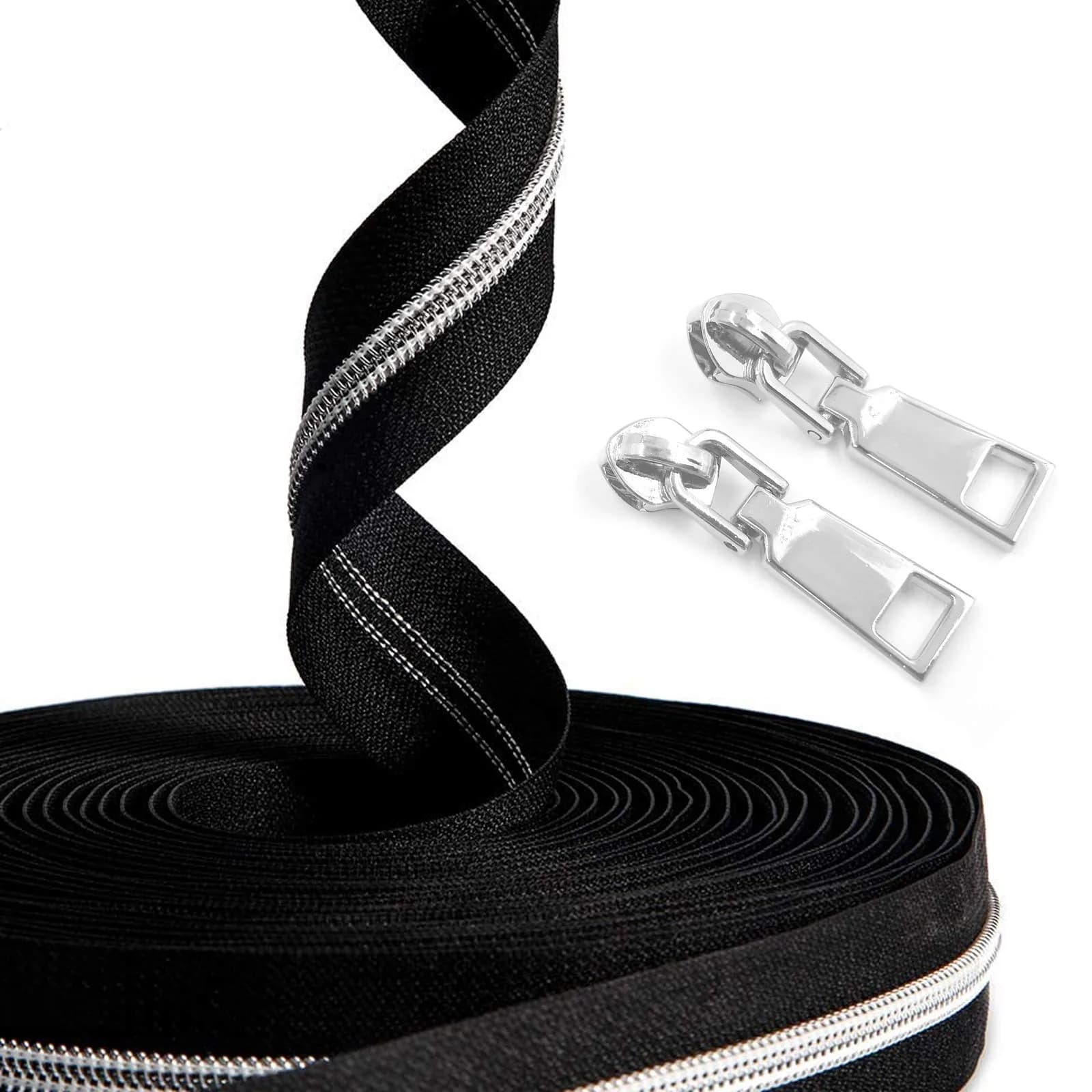 YIXI-SBest Nylon Zippers #5 10 Yards | Colorful DIY Sewing Zipper for Crafts & Bags — Silver Teeth Black Tape