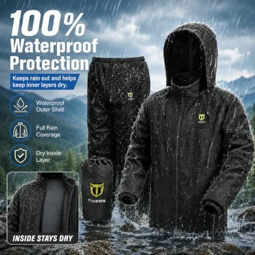 TIDEWE Rain Suit for Men, Waterproof Lightweight 2-Piece Rain Gear, Black | Breathable, Sealed Seams, Adjustable Fit thumbnail 2