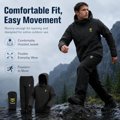 TIDEWE Rain Suit for Men, Waterproof Lightweight 2-Piece Rain Gear, Black | Breathable, Sealed Seams, Adjustable Fit thumbnail 3