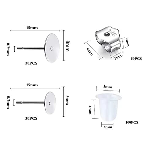 Moonear Sterling Silver Plated Flat Pad Earring Studs 5mm & 8mm | Hypoallergenic Jewelry Findings thumbnail 2