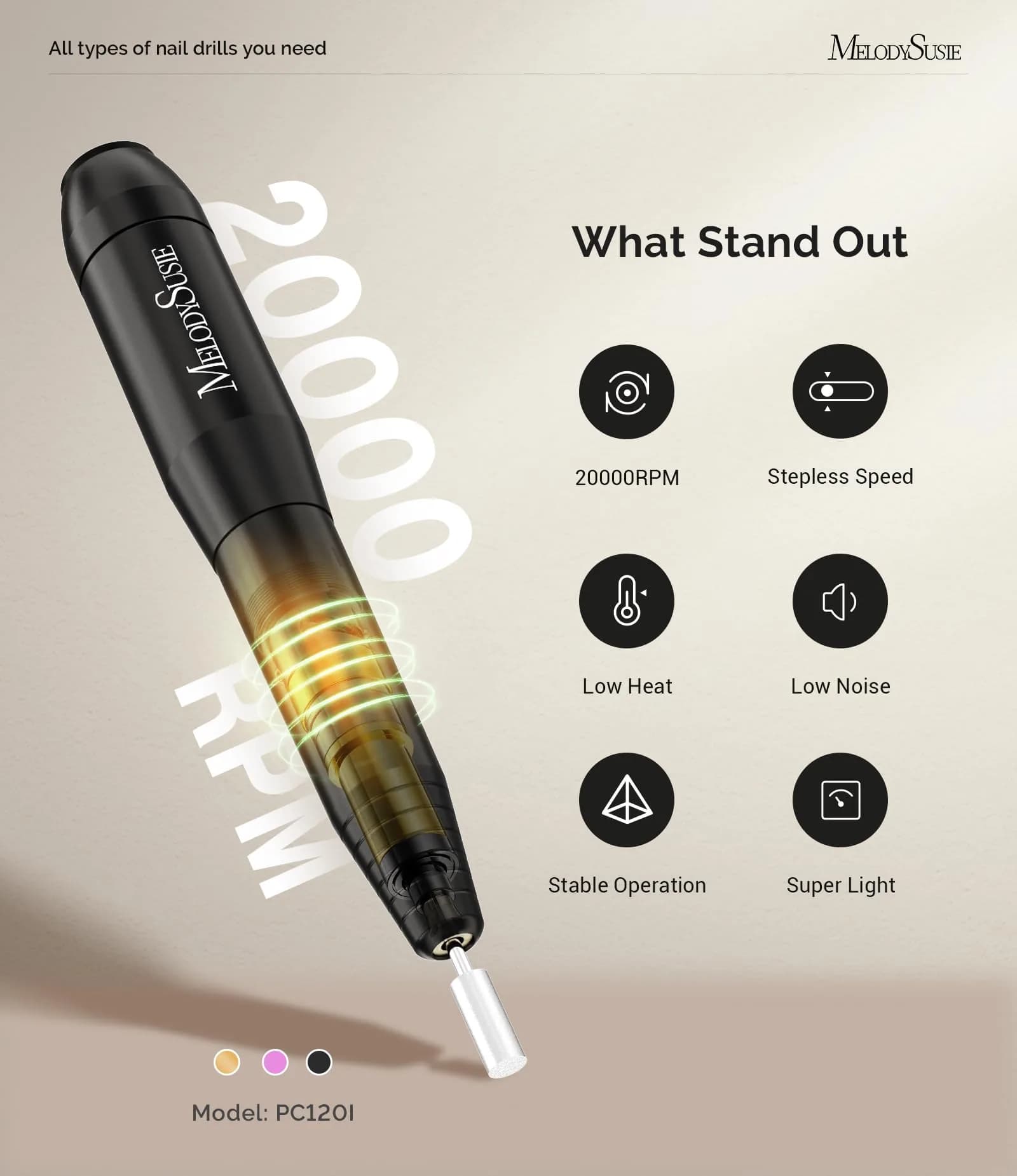 MelodySusie PC120I Portable USB Nail Drill 20000RPM - Chic Black | Beginner-Friendly Electric Nail File for Home Use - view 4