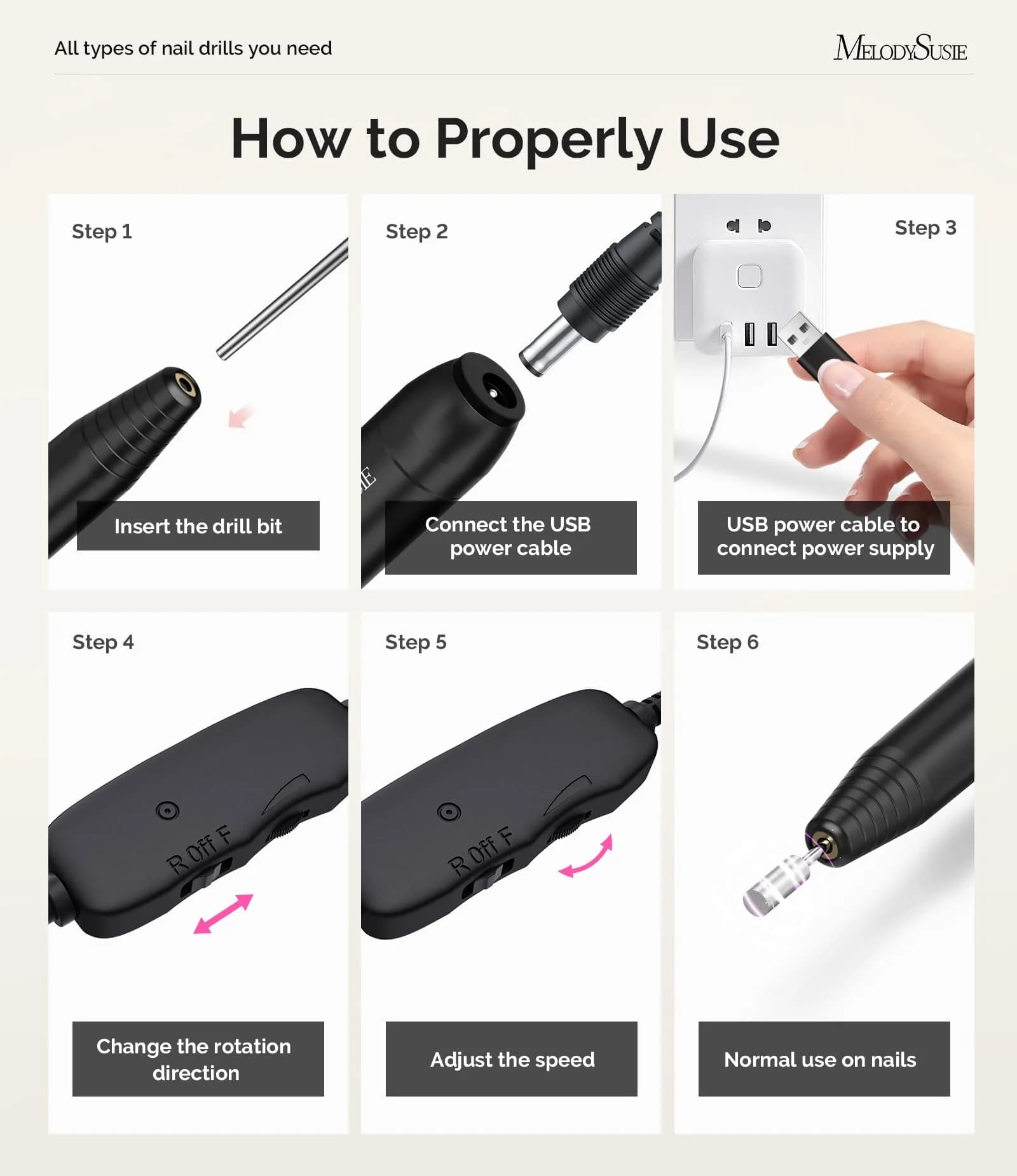 MelodySusie PC120I Portable USB Nail Drill 20000RPM - Chic Black | Beginner-Friendly Electric Nail File for Home Use - view 5