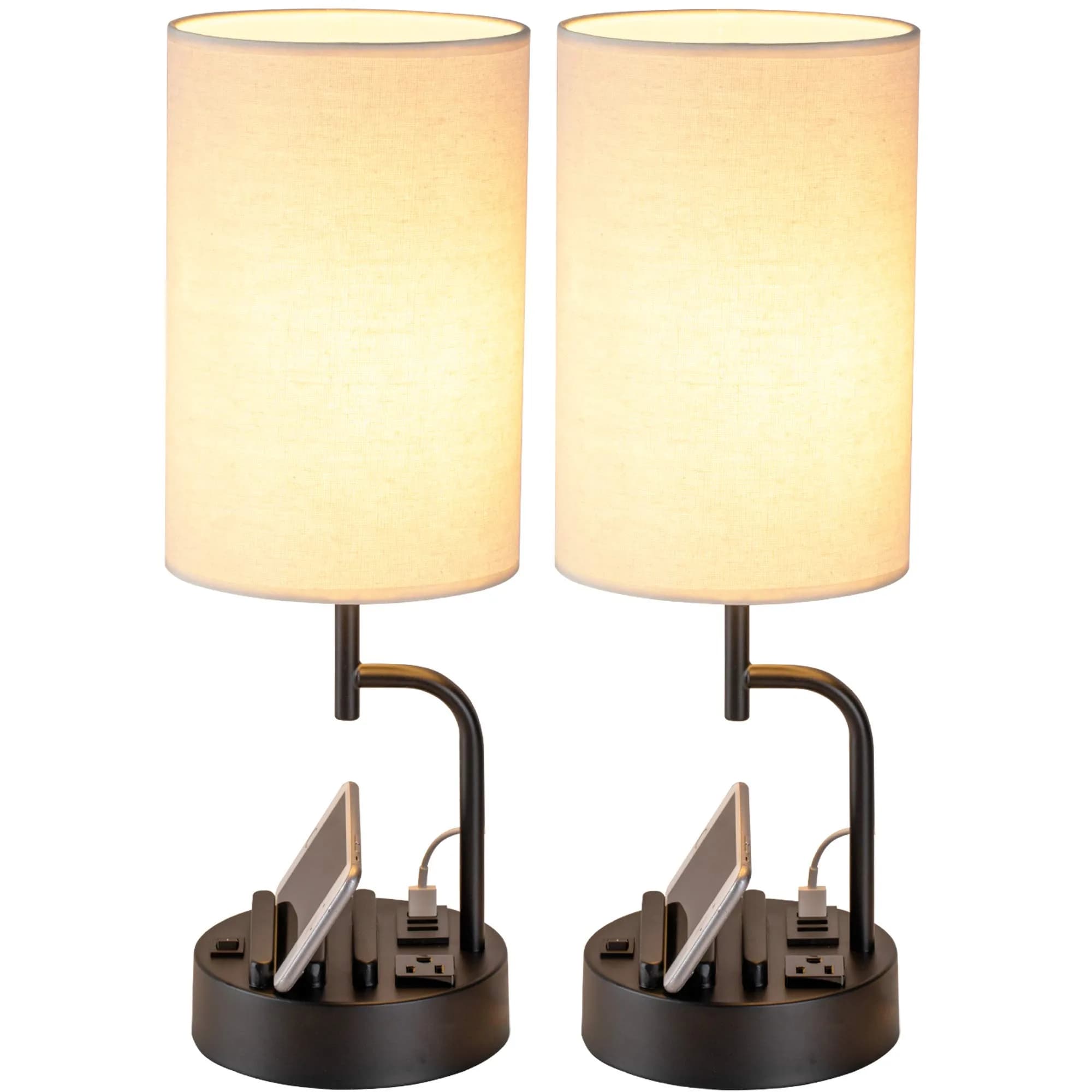 Dreamholder Modern Desk Lamp with 3 USB Ports & AC Outlet | Bedside & Office Lighting (Pack of 2) — Linen Shade